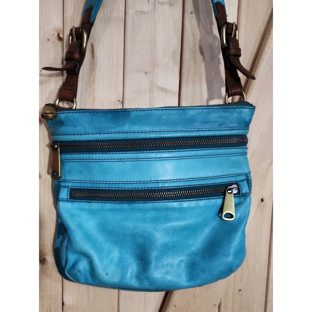 Fossil Leather Green Teal Crossbody Handbag Purse 3 Zippers